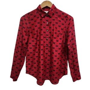 J Crew Shirt Womens 2 Red Navy Silk Blend Button Long Slv Pocket Preppy Casual